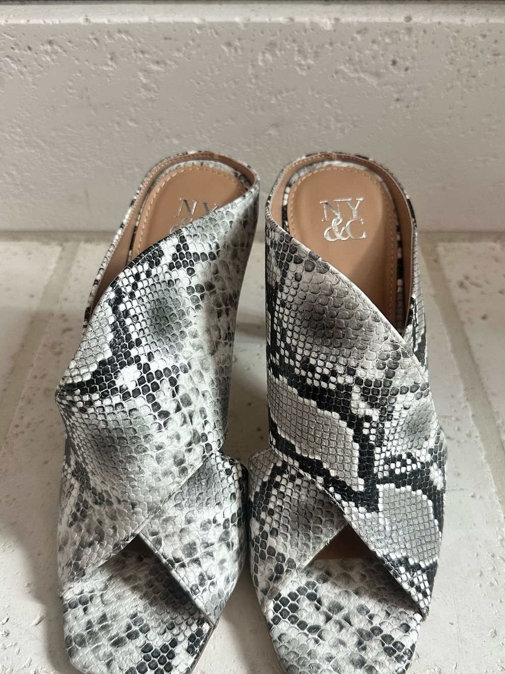 New York & Company White and Black Snake-Print Slide Mules